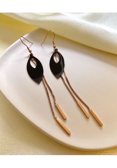 Lekka Design Sallantılı Zincir Siyah Damla Çelik Kadın Rose Küpe Rose Gold
