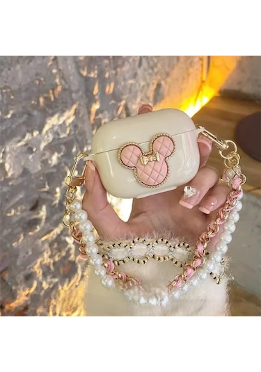 Apple Airpods 3. Nesil İle Uyumlu Kılıf Kalp Leopar Taş Kiraz Desenli Fiyok Tutmalı Kılıflar Rose Gold