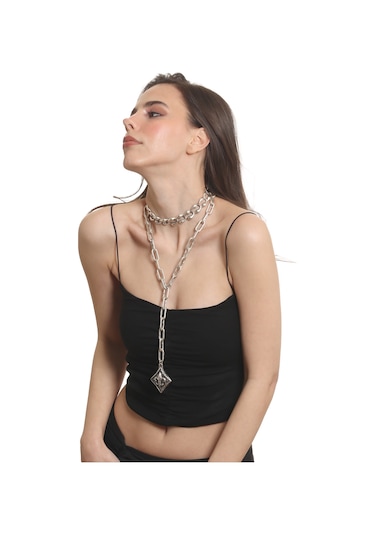 Labalaba Kadın Antik Gümüş Kaplama 2' Li Fleur De Lys Uçlu Kolye& Choker Gümüş