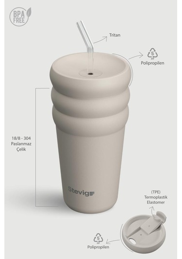 Stevig 3 Bubble Two-cap Straw Tumbler Çelik Termos 600 Ml Crushed Rock St-244 Bej