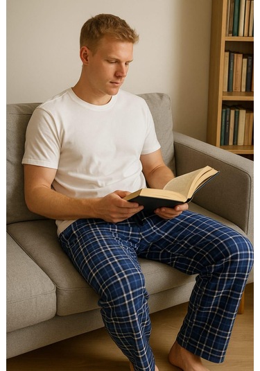 Erkek Desenli Cepli % 100 Pamuk Tek Alt İndigo İndigo