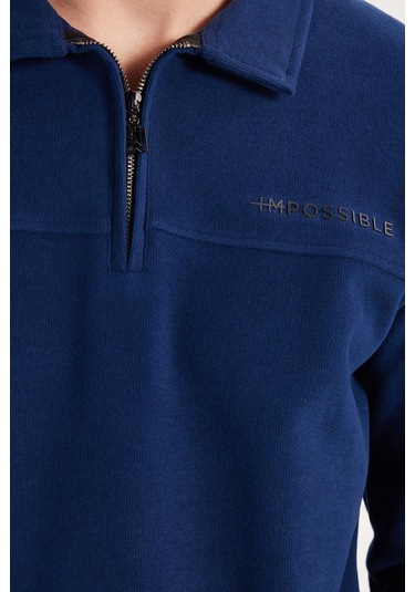 Erkek Standart Fit Pamuklu Selanik Kumaş Yarım Fermuarlı Polo Yaka Baskılı İndigo Sweatshirt-35751 İndigo
