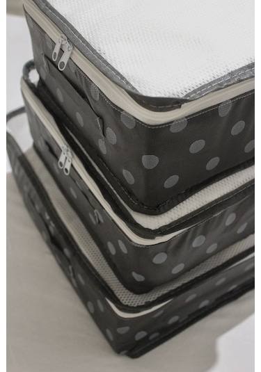 Adarya Home Puantiye Desen Valiz Düzenleyici Bavul İçi Organizer Set 6'lı Gri
