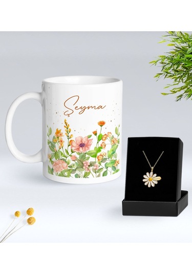 Bk Gift Kişiye Özel İsimli Çiçek Tasarımlı Beyaz Kupa Ve Papatya Kolye Hediye Seti - 3, Sevgiliye Hediye, Anneye Hediye, Arkadaşa Hediye Kobitmeyencom