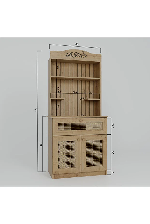 Lucas 2 Kapaklı Çekmeceli Sarı Hasır Desen Kahve Köşesi Çok Amaçlı Mutfak Dolabı - Safir Meşe Safir Meşe