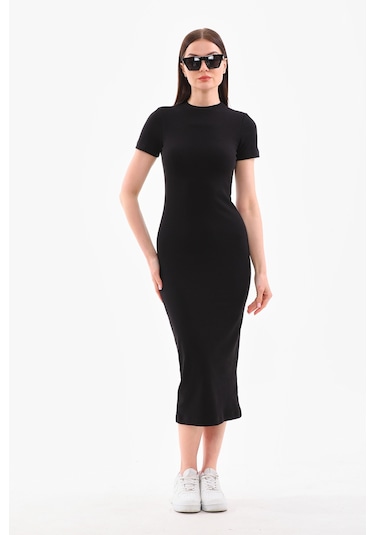 Siyah Kısa Kollu Diz Altı Fitilli Esnek Kalem Elbise - 130 Cm Siyah