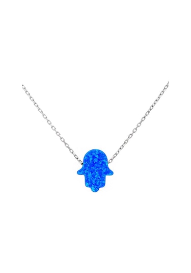 Mavi Opal Taşlı Fatma Ana Eli Gümüş Kolye Gümüş