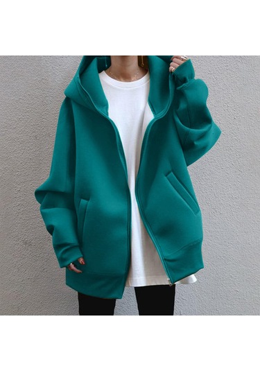 Kadın Günlük Gevşek Uzun Kollu Fermuar Kapşonlu Uzun Yastıklı Kazak Ceket Yeşil