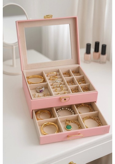 Dışı Deri İçi Kadife Kilitli Çekmeceli Takı Bijuteri Mücevher Kutusu Organizer Düzenleyici Pembe İth