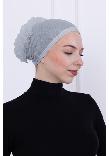 Fırfırlı Önden Dikişli Penye Bone - Kadın Tesettür Bağlamalı Topuz İç Bone-açık Gri Açık Gri