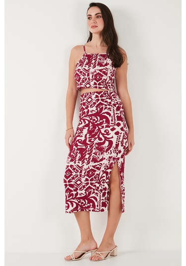 Lela Slim Fit Ip Askılı Yırtmaçlı Midi Alt-Üst Bayan Takım 5865726 Mürdüm
