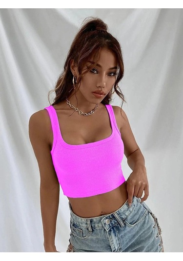Askılı Fitilli Crop Top Bluz - Fuşya Fuşya Pembe