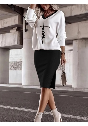Kadın Uzun Kollu V Yakalı Iki Iplik Bluz Ve Şardonlu Kaşkorse Etek Ikili Takım Siyah