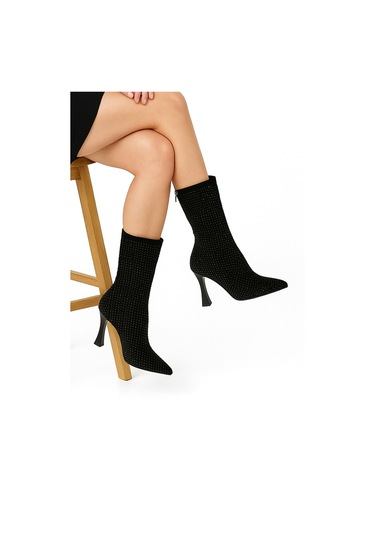 Erkan Saçmacı Nell Siyah Süet Taşlı Sivri Burun Fermuarlı İnce Topuklu Abiye Yarım Çizme Siyah