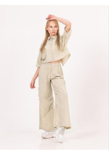 Kız Çocuk Gömlek Ceketli Bol Paça Pantolonlu Takım-13850 Bej