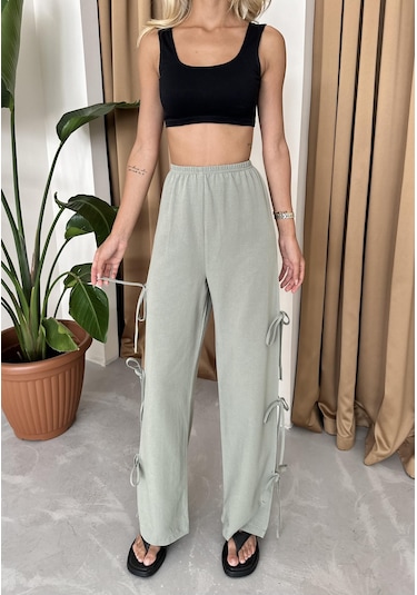 Haki %100 Pamuk Yan Yırtmaç Ve Bağlama Detaylı Pantolon Haki