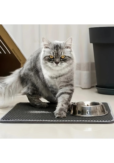 Hightower Gri Çift Katmanlı Eva Kedi Kumu Matı, Su Geçirmez Petek Tabanlı Kaymaz Tüy