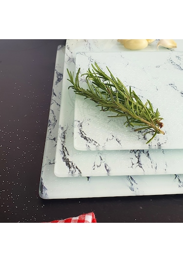 Decorita Cam Kesme Tahtası | Beyaz Mermer Görünümlü | 3'lü Takım