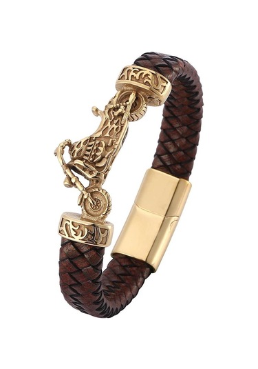 Vintage Punk Tarzı Erkek Bileklik Gerçek Deri Altın Rengi Motosiklet Paslanmaz Çelik Bileklikler Erkek Takıları Kahverengi