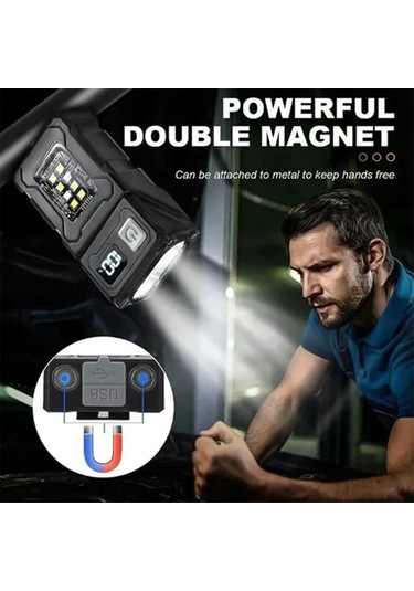 Mını Usb Şarj Edilebilir Led El Feneri Taşınabilir Kuyruk Mıknatıslı El Feneri Siyah