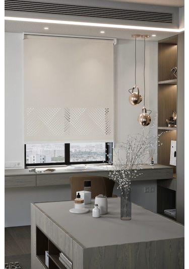 Lazer Kesim Mat Stor Perde, Lazer Kesimli Modern Serisi, M-3002 Ekru Renk Ekru