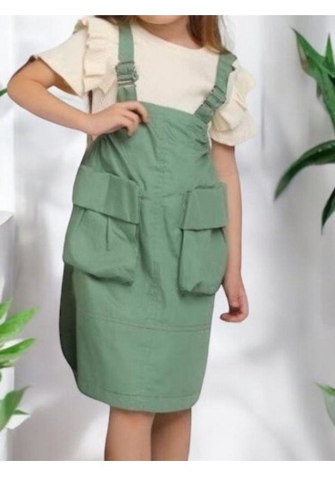 Kız Çocuk Büyük Cepli Askılı Salopet-14133 Yeşil