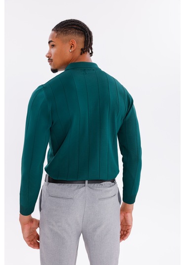 Monox Erkek Yarım Fermuarlı Polo Yaka Triko Kazak Zümrüt