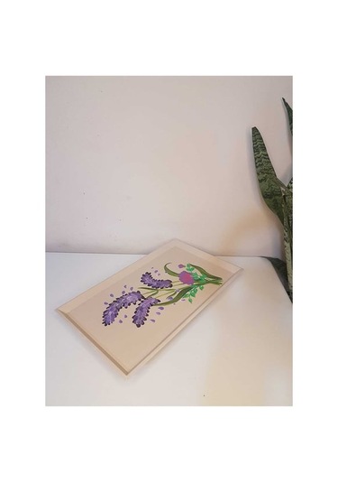 El Boyaması Lavanta Desenli Ahşap Tepsi Bej