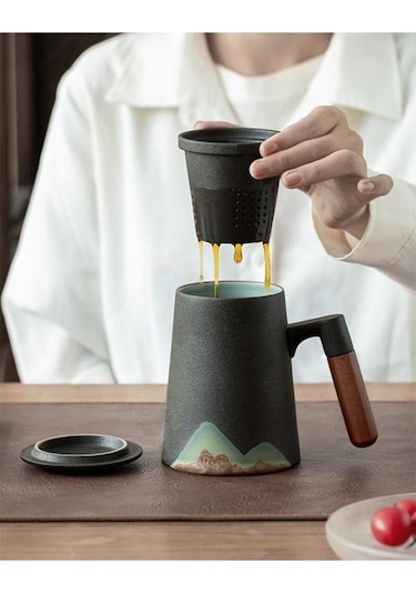 Dağ Tasarım Seramik Çay Filtre İle Seramik Kahve Fincanı Çin Çay Bardağı 400ml Kupalar Altın - Beyaz