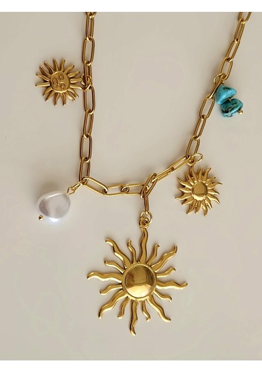 Güneş İnci Firuze Taş Model Charmlı Yaz Beach Plaj Tatil Kolye 46cm Gold