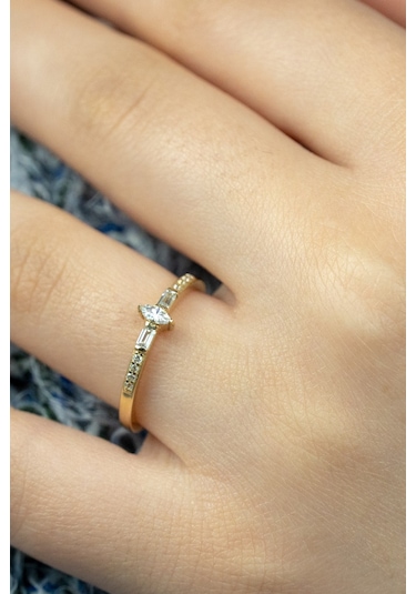 Esgold 14 Ayar Altın Mini Baget Taşlı Eklem Yüzük