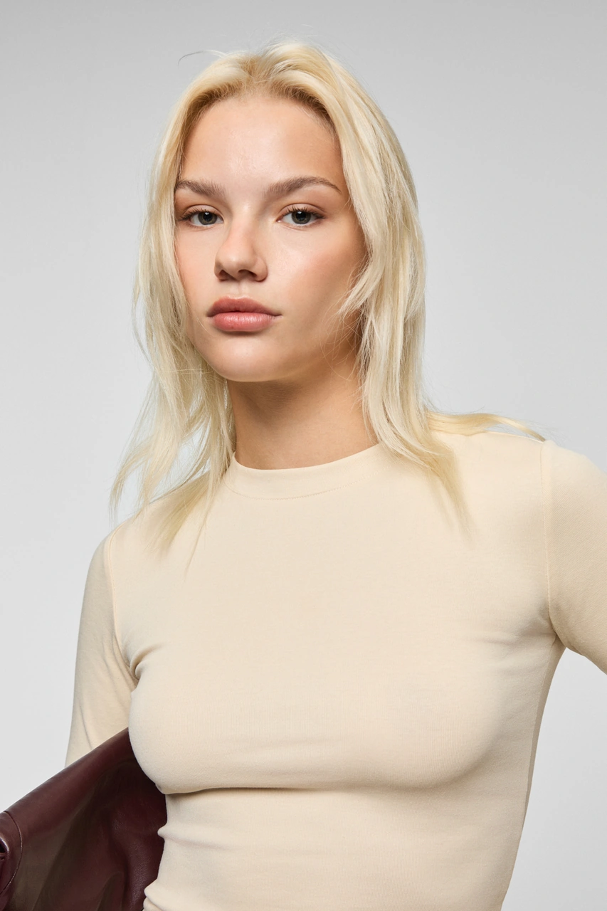 Grımelange Grıgros Kadın Esnek Kumaşlı Vücuda Oturan Slim Fit Uzun Kollu Bej T-shirt Bej