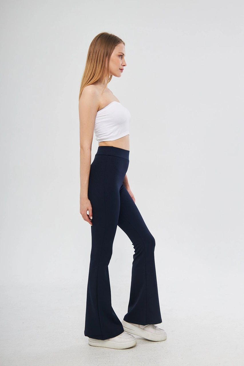 Siyah Yüksek Bel Fitilli Ispanyol Paça Interlok Örme Kadın Tayt Lacivert