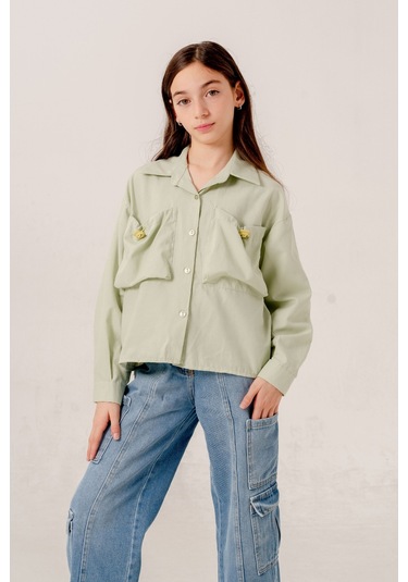 Kız Çocuk Körük Cepli Gömlek 3155 Yeşil