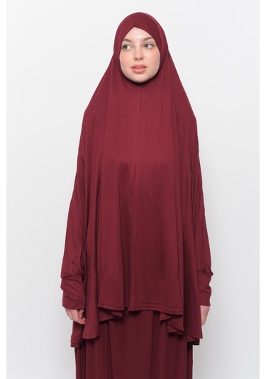 Pratik 2 Parça Pamuklu Yarasa Kollu Başörtülü Tesettür Namaz Elbisesi Koyu Bordo Antrasit
