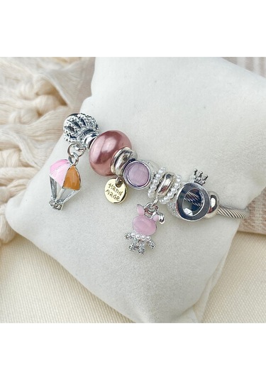 Charm Bileklik Tavşan Uçan Balon Figürlü Çelik Bileklik Gümüş Pembe Gümüş