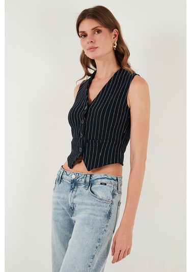 Lela Streç Fitted Fit V Yaka Düğmeli Bayan Yelek 5865971 Lacivert-Beyaz
