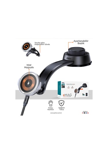 Phixi Force M18 15w Hızlı Şarj Kablosuz Araç Şarj Cihazı Tutucu, Manyetik Katlanabilir Telefon Tutucu