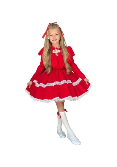 Riccotarz Kız Çocuk Göğsü Ve Yakası Fırfırlı Eteği Pliseli Dantel Şerit Detaylı Kırmızı Elbise Kırmızı