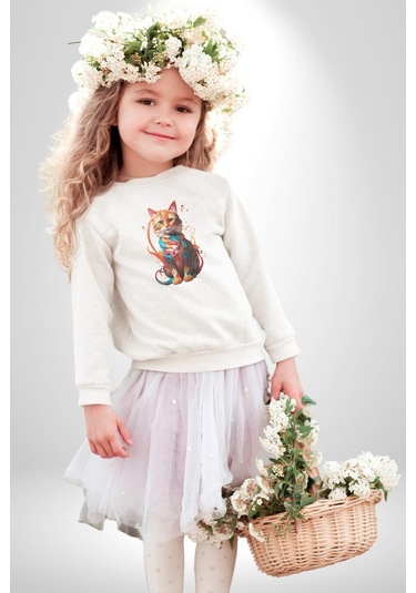 Renkli Yağlı Boya Kedi Unisex Beyaz Baskılı Sweatshirt Beyaz