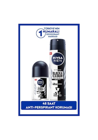 Nivea MEN Erkek Sprey Deodorant Black&White 150 ML ve Mini Roll-on Black&White 25 ML, 48 Saat Koruma