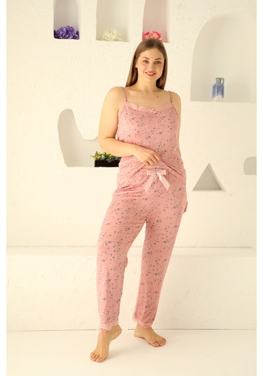 Sabahlıklı Dantel Detaylı Pegasus Kadın Pijama Takımı-çeyizlik Takım- Geniş Beden Aralığı Pembe