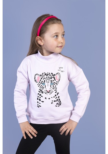 Toontoy Kız Çocuk Baskılı Balıkçı Yaka Pamuklu Sweatshirt Açık Pembe