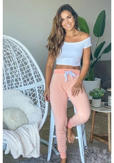 Modasize Kadın Kısa Kollu Madonna Yaka Viskon Crop Bluz Cepli Iki Iplik Eşofman Takım Pembe