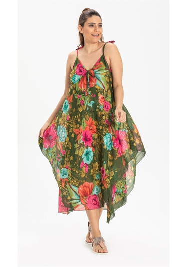 Askılı Vual Afrodit Midi Boy Elbise Yesil 6136 Yeşil