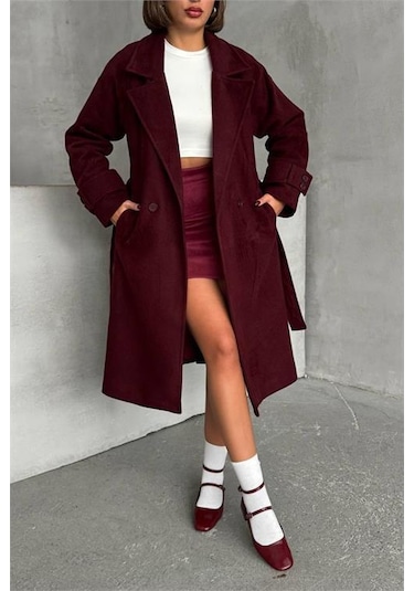 Kadın Astarlı Bordo İthal Kaşe Kaban Dpnbg048 Bordo
