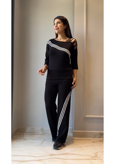Tua Moda Kadın Uzun Kollu Truvakar Kol Tek Omuz Çapraz Şerit Detaylı Ribanalı Viskon Iki Iplik Bluz Ve Pantolon Ikili Takım Siyah