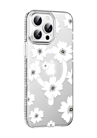 Durukar Apple, Uyumlu iPhone 15 Pro Floral Magsafe Kapak - Beyaz