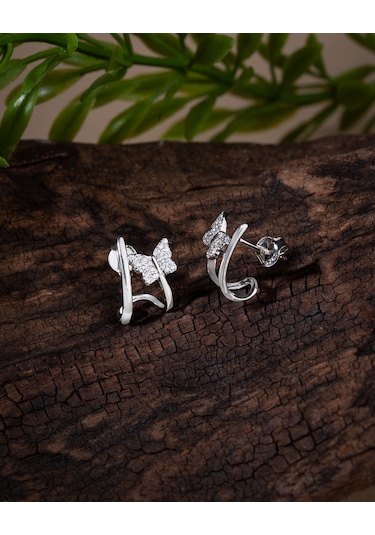 925 Ayar Rodyum Kelebek Motifli Piercing Görünümlü Çivili Gümüş Küpe Çift Kullanım Re10222