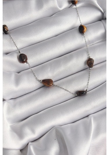 316l Çelik Gümüş Renk Zincir Kahverengi Doğaltaş Model Kadın Kolye Çok Renkli